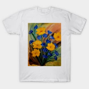 Started with a fun and background and tried to use colors that made my flowers pop off the canvas . T-Shirt